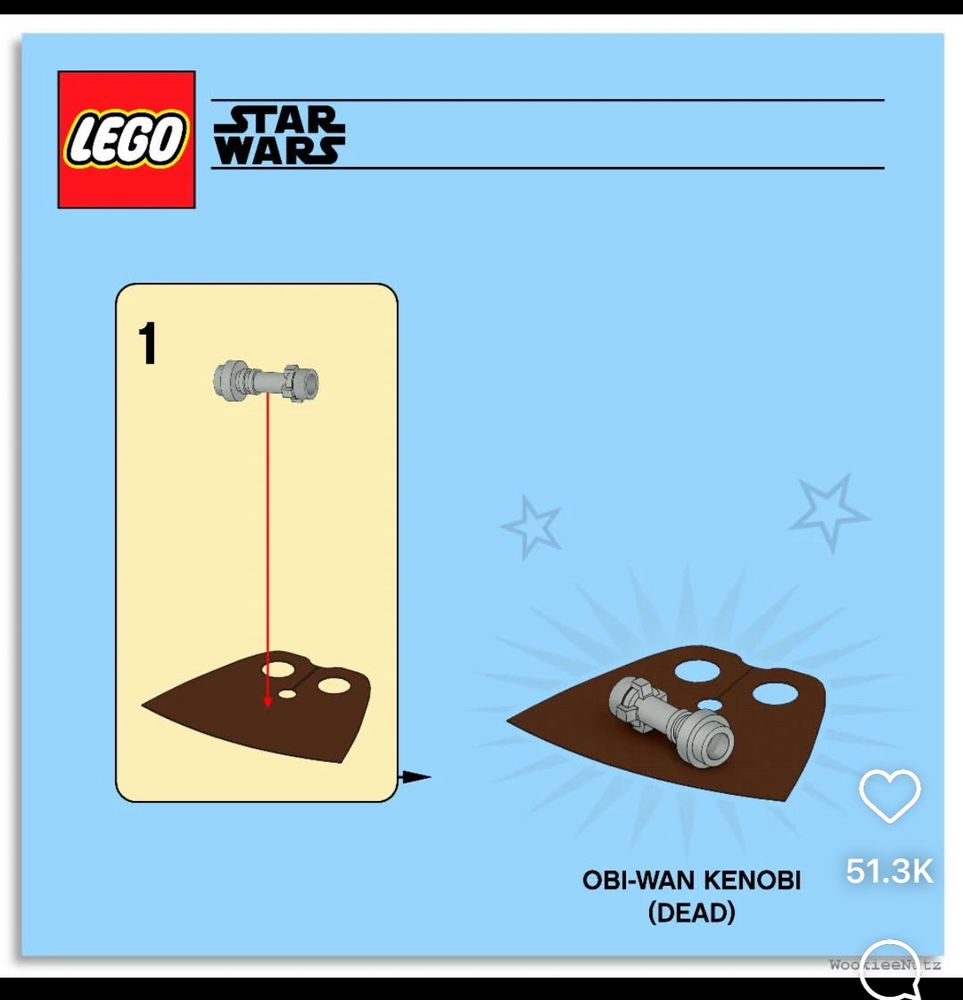 A depiction of a Lego Star Wars instruction manual. Step 1 ask the user to place a brown cloak on the build surface and then to place a lightsaber hilt on the cloak. The caption for the finished product is “Obi-Wan Kenobi (Dead).”