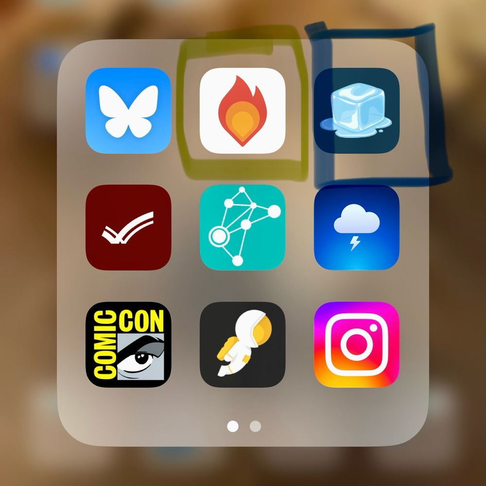 A collection of nine app icons:
Bluesky white butterfly on blue background
WatchDuty fire image on white (green highlight)
ICEBlock ice cube on black (blue highlight)
San Diego County Emergency white checkmark on brown
MyShake white earthquake alert graphic against teal
Flashes white cloud with lightning strike against blue gradient 
Comic-Con eye logo in black white grey and yellow 
Sched astronaut in gold & yellow on black
Instagram camera on multicolored