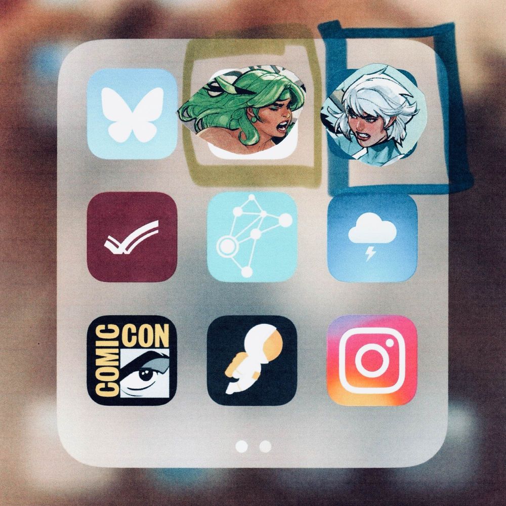 A collection of nine app icons:
Bluesky white butterfly on blue background
Fire AKA Beatriz Bonilla Da Costa
Ice AKA Tora Olafsdotter
San Diego County Emergency white checkmark on brown
MyShake white earthquake alert graphic against teal
Flashes white cloud with lightning strike against blue gradient 
Comic-Con eye logo in black white grey and yellow 
Sched astronaut in gold & yellow on black
Instagram camera on multicolored