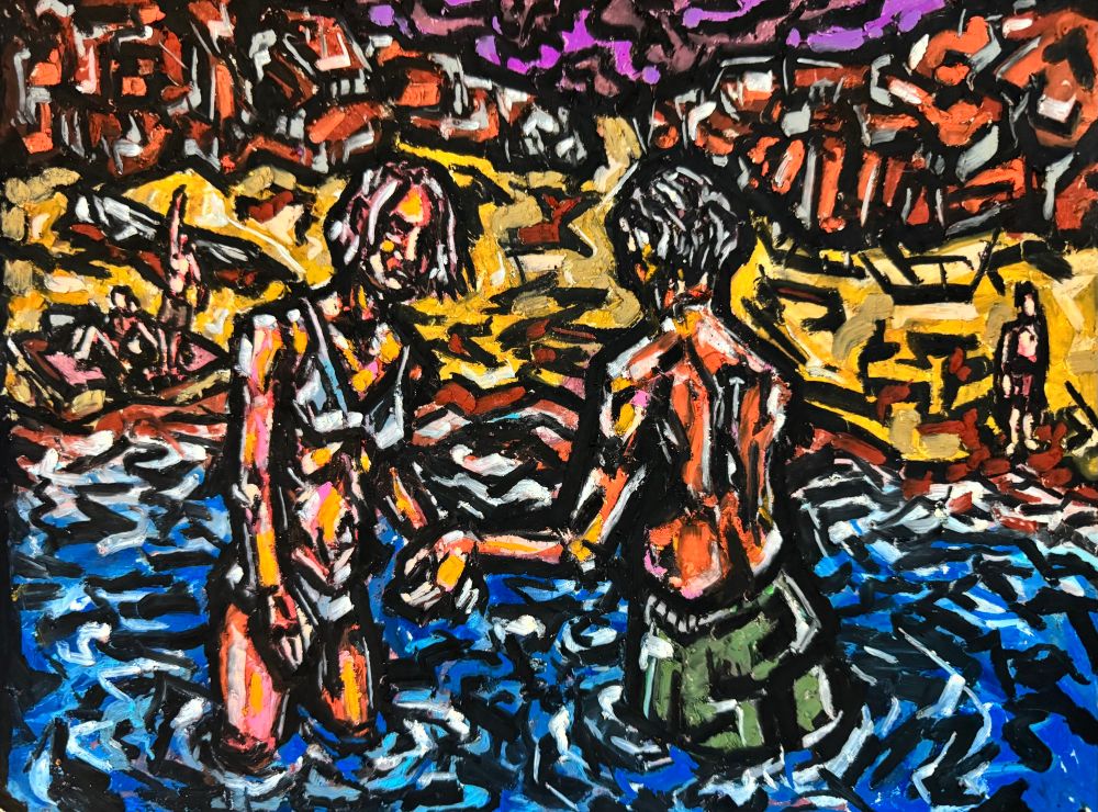 Two people stand in the ocean, water up to their thighs. One of them looks back to the shore where someone is waving their arm at them, perhaps trying to call out. Above the beach rock formations a purple sky looms. The piece is done with oil pastels on paper. Art by Jason Thomas Pitzl. 