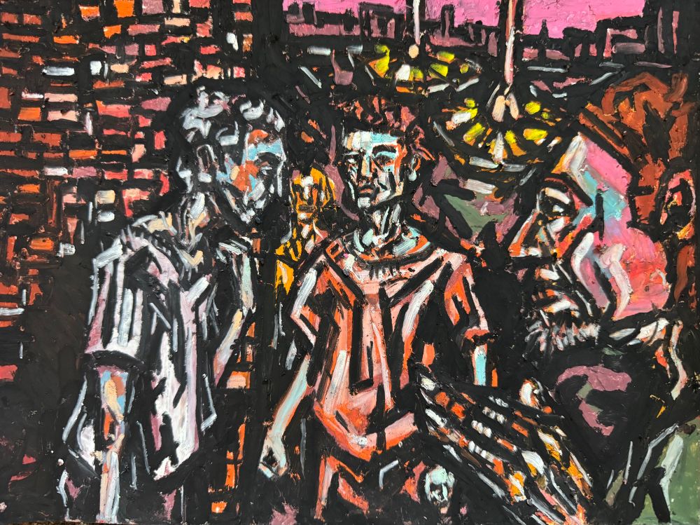 A group of people congregate at a corner in a city, the sky is pink and the street lights have come on. The piece is made with oil pastels on paper. Art by Jason Thomas Pitzl. 