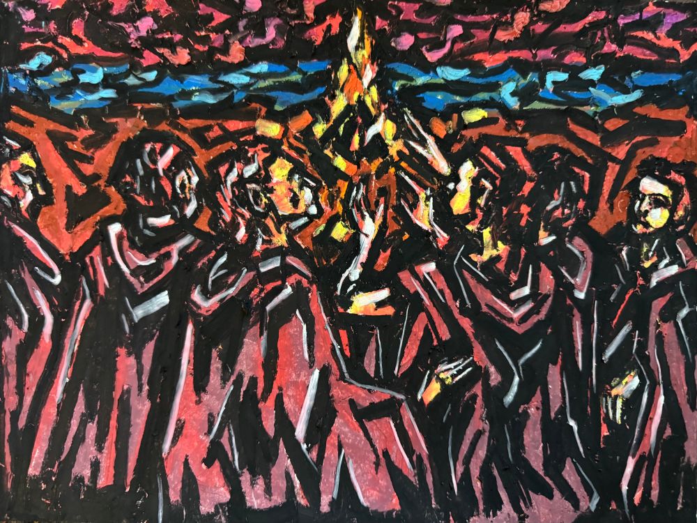 At an Oceanside beach at night a group of robed figures stand in front of a bonfire, gesturing and pointing in its direction. We don’t know what the purpose of the ritual is. The piece is made with oil pastels on paper. Art by Jason Thomas Pitzl. 