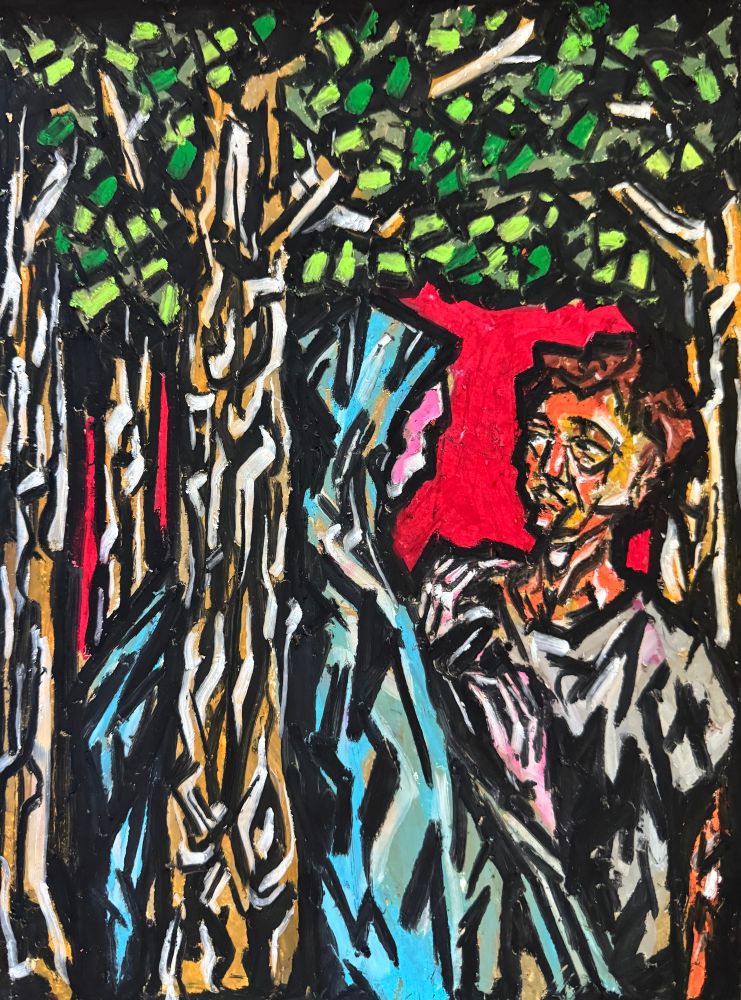 Two figures, one robed, stand in a wood. The sky is red behind them. The figures are clearly in the midst of a conversation, but we are not party to their words. The piece is made with oil pastels on paper. Art by Jason Thomas Pitzl. 
