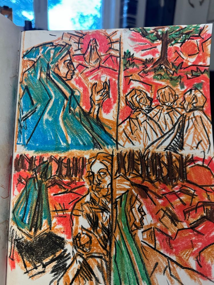 A page in a sketchbook divided into four rough thumbnail sketches made with conte crayons. Art by Jason Thomas Pitzl. 