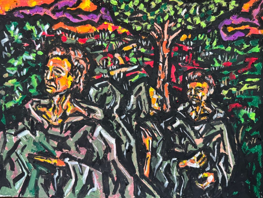 Four robed figures stand near a single solitary tree in a landscape of rolling plains, the sky purple and orange from the setting sunlight. They are taking a brief rest on a long journey. The piece is made with oil pastels on paper. Art by Jason Thomas Pitzl. 