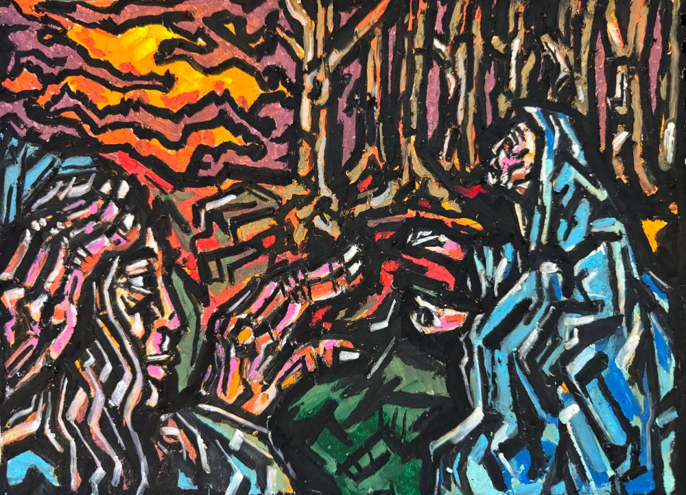 Two robed figures stand near a copse of trees and watch as the sun rises in a cloudy sky. The red light marks the ground, and the two figures seem relieved. The piece is made with oil pastels on paper. Art by Jason Thomas Pitzl. 