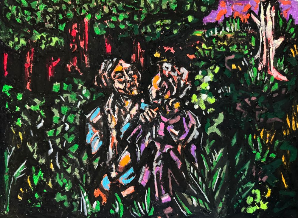 Two people embrace near a small wood, the sun is setting and they are about to part. The piece is made with oil pastels on paper. Art by Jason Thomas Pitzl. 