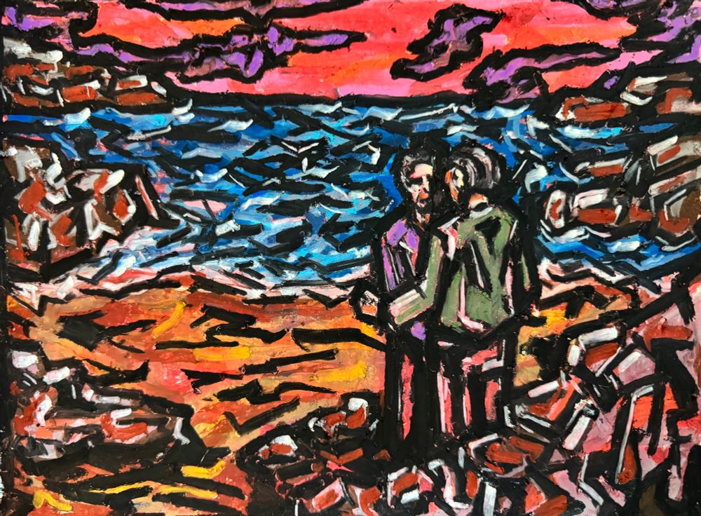 At a rocky and cliff-strewn Oceanside beach, two people stand and talk to one another. We cannot hear them. The sky is all purples and reds. The piece is made with oil pastels on paper. Art by Jason Thomas Pitzl. 