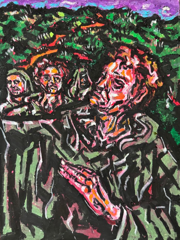 A group of robed individuals walk down a long and winding nature trail, in a field of green near sunset. The piece is made with oil pastels on paper. Art by Jason Thomas Pitzl. 