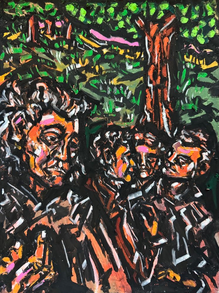 Four people gather to talk and plot, one stands a little apart, perhaps having qualms of some kind. They stand in rolling fields, under a large tree. The piece is made with oil pastels on paper. Art by Jason Thomas Pitzl.  