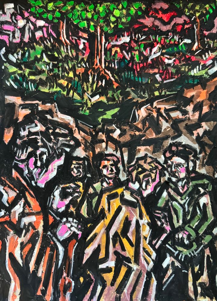 At the foot of a cliff face a group of people seem poised for conflict with one another. Two seem ready to come to blows, while another leans on a walking stick and observes. Above them, three trees can be seen as a red sun sets behind them all. The piece is made with oil pastels on paper. Art by Jason Thomas Pitzl. 