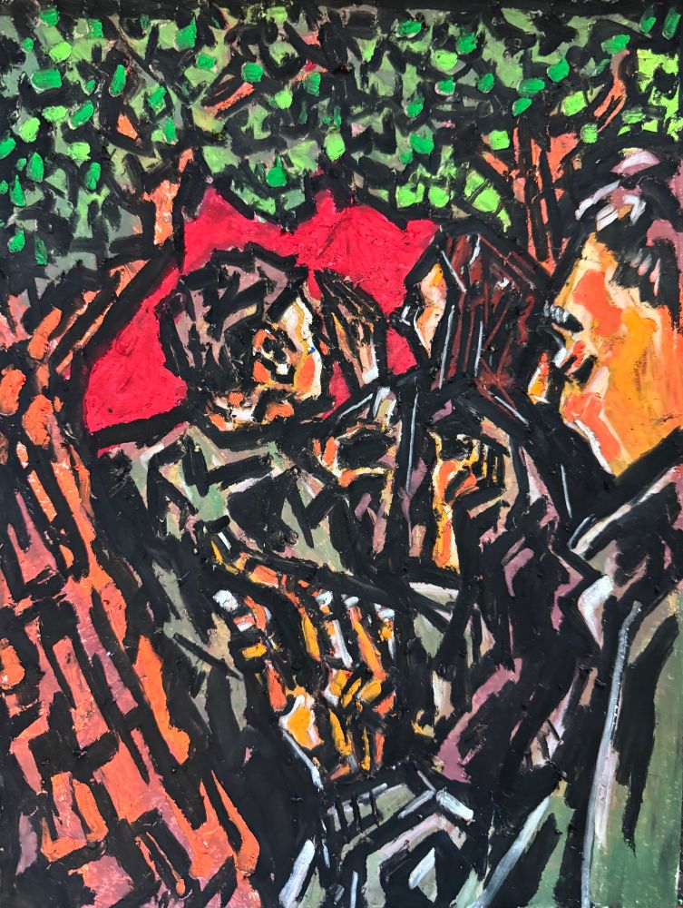 Three figures move through a wood - they are lost and have finally emerged from tree cover out into the open. We don’t know what they see in the clearing, only a red light. The piece is made with oil pastels on paper. Art by Jason Thomas Pitzl. 
