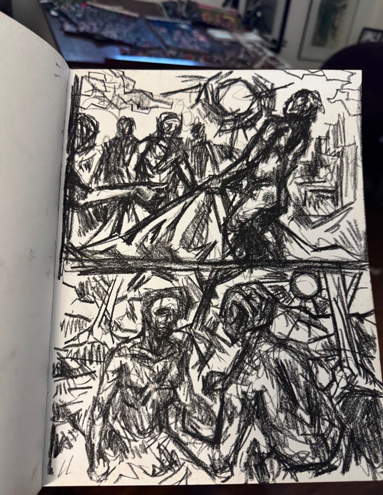 A hand holds a hardbound sketchbook open, inside are two rough sketches split between one page of the sketchbook. The top scene features figures pulling up some sort of rug or carpet (maybe a tarp?), while the bottom has two figures confronting one another near some trees. Art by Jason Thomas Pitzl. 
