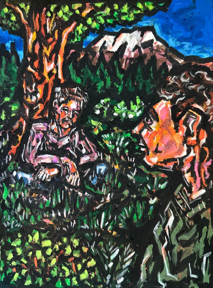 At the foot of a mountain, a man sits beneath a tree. In the lush greenery, another figure approaches from the foreground- perhaps seeking the man. The piece is made with oil pastels on paper. Art by Jason Thomas Pitzl. 