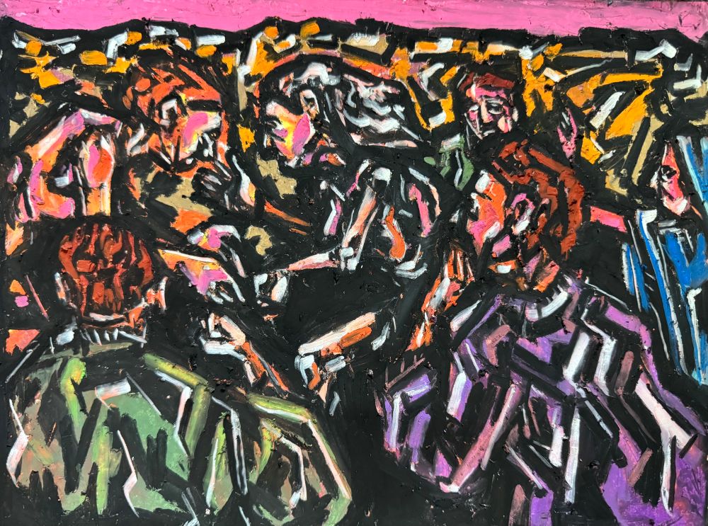 Two seemingly naked people run at each other while a small crowd reels in astonishment, witnessing the sudden clash. The sky is pink from the setting sun. The piece is made with oil pastels on paper. Art by Jason Thomas Pitzl. 
