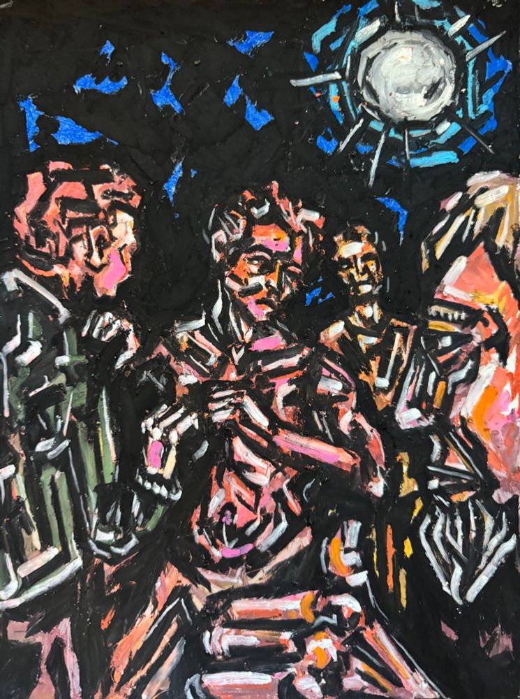 A group of people stand outside in the night, a full moon providing some illumination. We don’t know what is happening,  but three figures seem to be surrounding a fourth, shirtless, person. Conflict? Rendezvous? It’s impossible to tell for certain. The art is made with oil pastels on paper. Art by Jason Thomas Pitzl. 