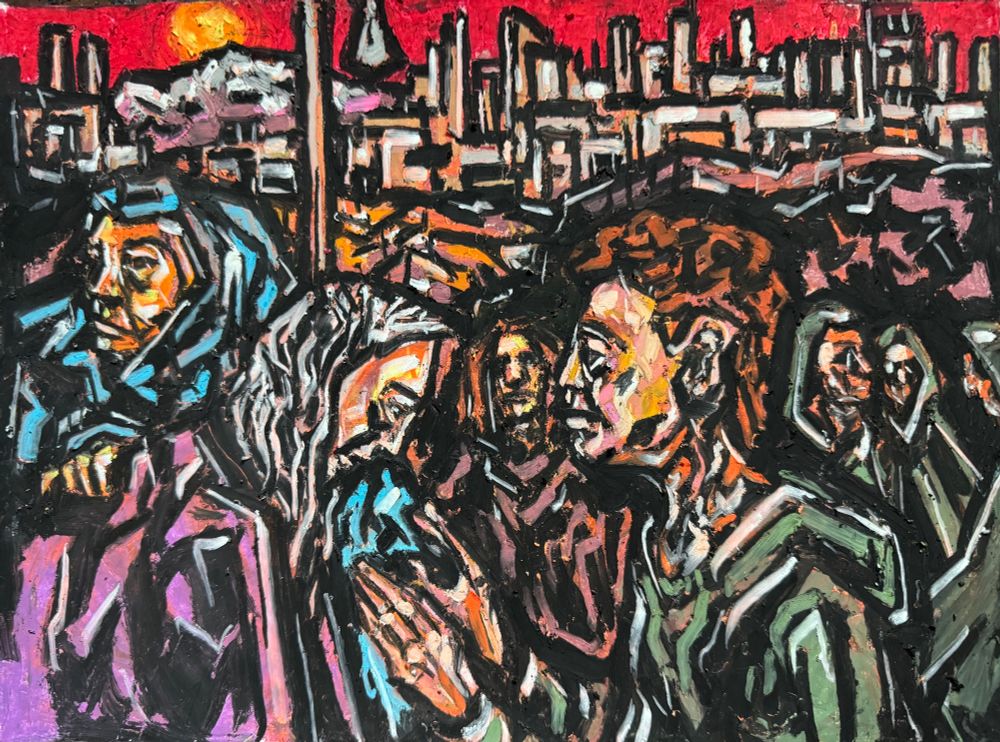 A group of people surround a distraught woman, one placing a hand on her back, while another approaches hands outstretched. More people mill around behind them. The city stands as a backdrop to a setting sun. The piece is done with oil pastels on paper. Art by Jason Thomas Pitzl. 