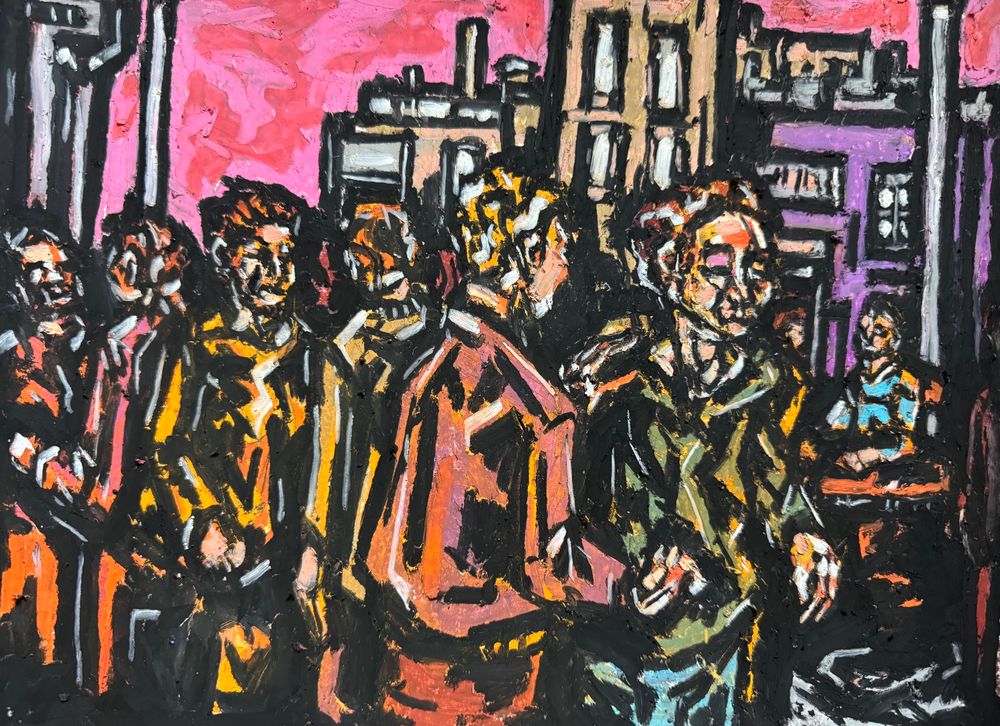 A large group of people mill around and chat on a random city street. Beyond them we can see people sitting outside and a row of building. The sky is a shifting mass of pinks and reds. The piece is made with oil pastels on paper. Art by Jason Thomas Pitzl. 