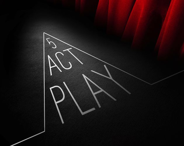 '5 Act Play' inside of a triangle. there is a red curtain in the upper right