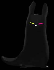 a screenshot of monk from rain world colorshifted to black and edited to have yellow and pink eyes