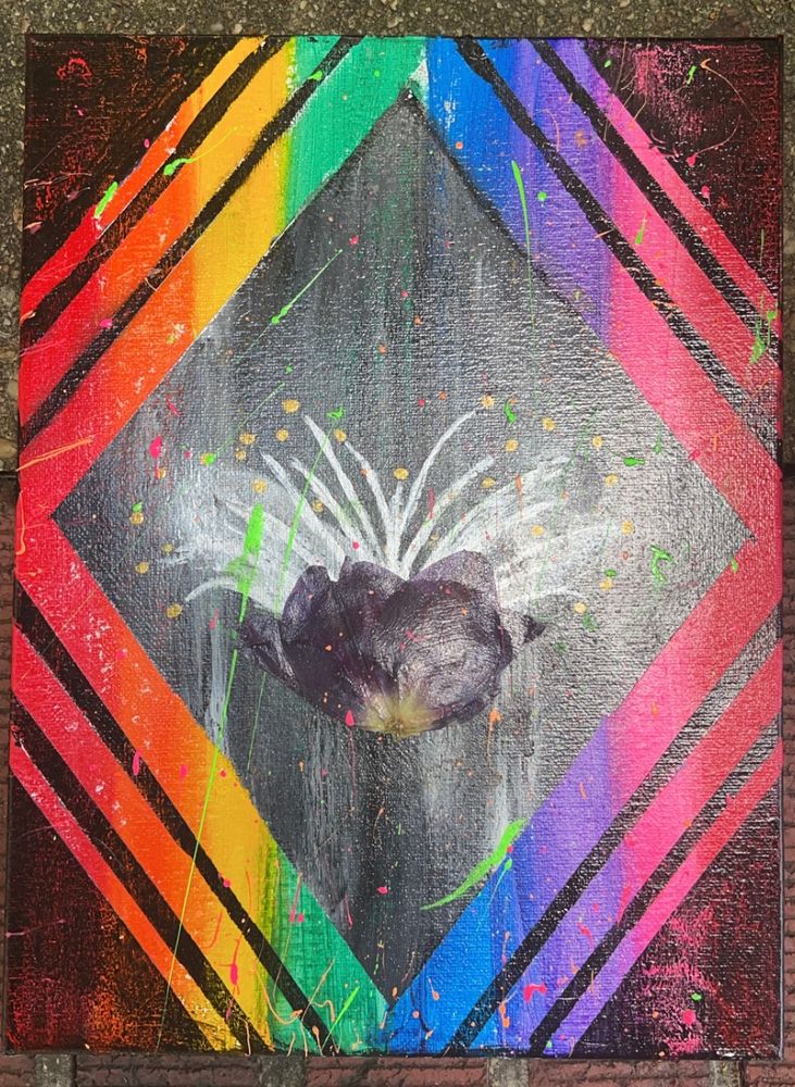 Acrylic on canvas. Black background with rainbow diamonds surrounding a pressed tulip