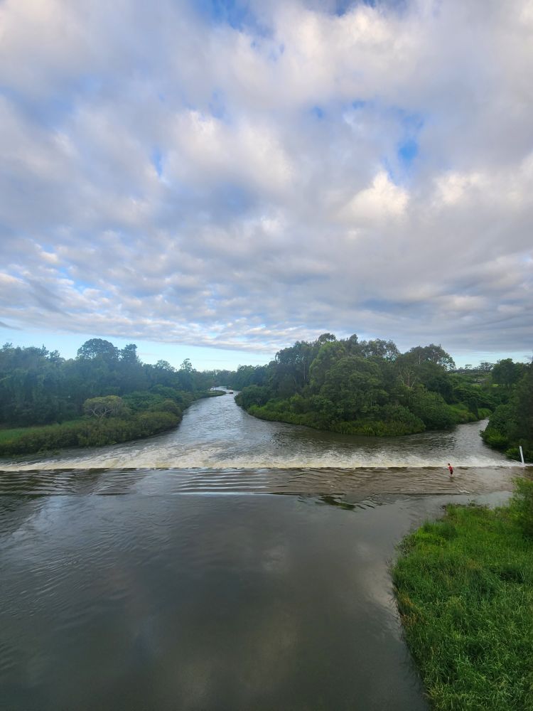 Nerang River looking downstream from the bridge. The pedestrian and bike crossing is covered with water overlooking it.