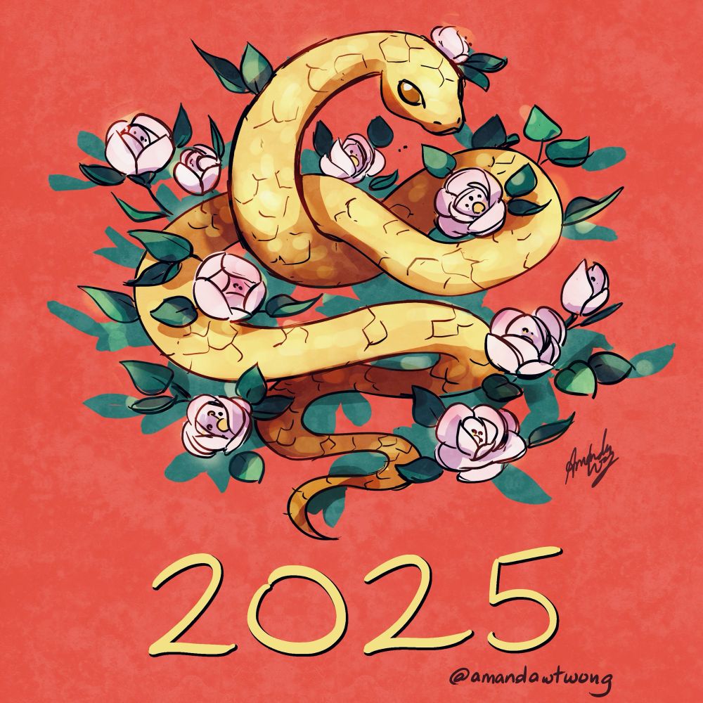 A 2025 Lunar New Year illustration of a snake among flowers