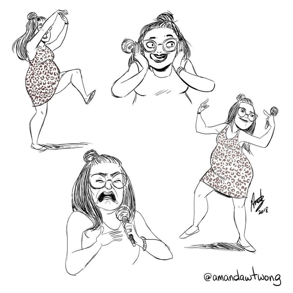 four drawings of Ali Wong from her second Netflix comedy special