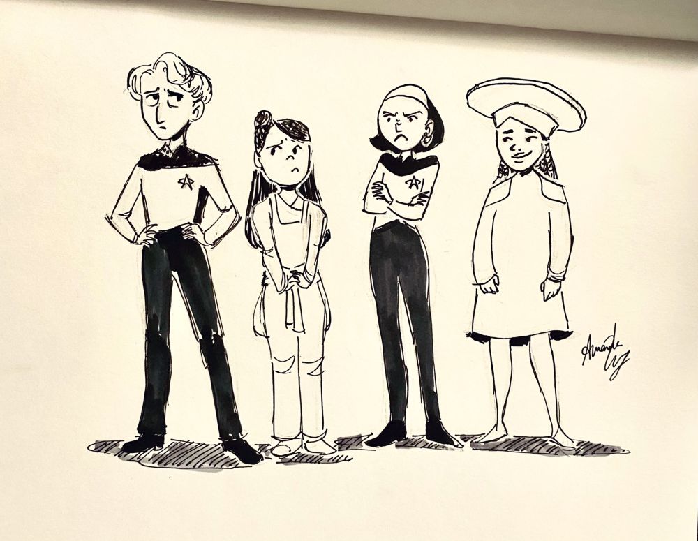 Captain Picard, Keiko, Ensign Ro, and Guinan as children from the TNG episode "Rascals"