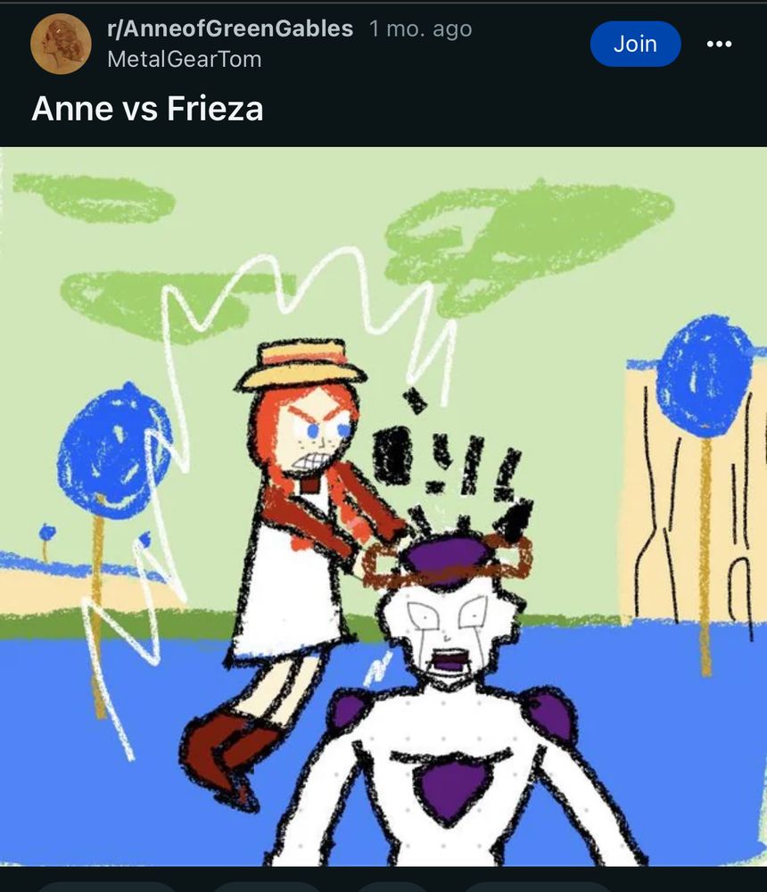 A crude drawing by reddit user MetalGearTom of Anne Shirley from Anne of Green Gables breaking a chalk slate over the head of Frieza from Dragonball Z