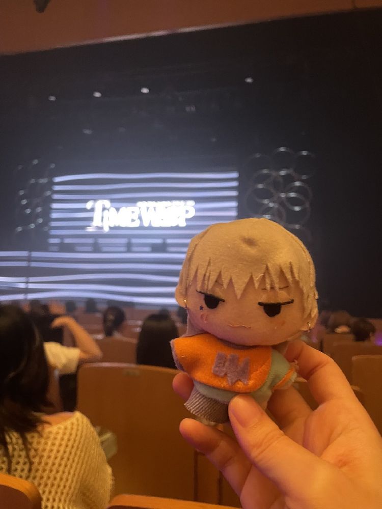 コンサート会場内、テンくんの推しぬいとステージ。