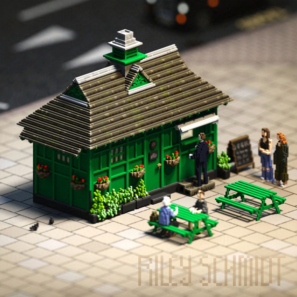 A bright green cabmen's shelter characteristic of London, rendered in the distinctive voxel art style, with people queuing up for lunch outside.