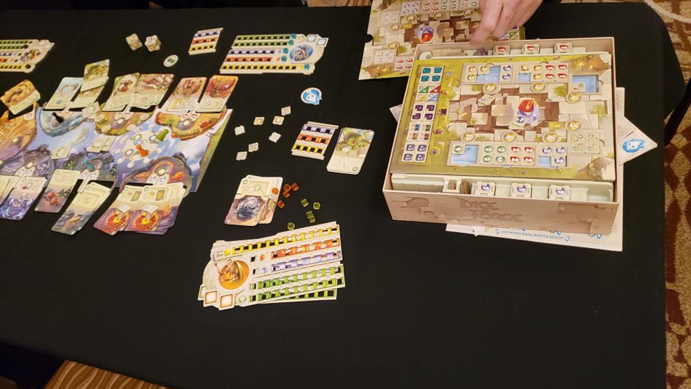 A game of Dice Forge being played. I won it by 2 whole extra points.