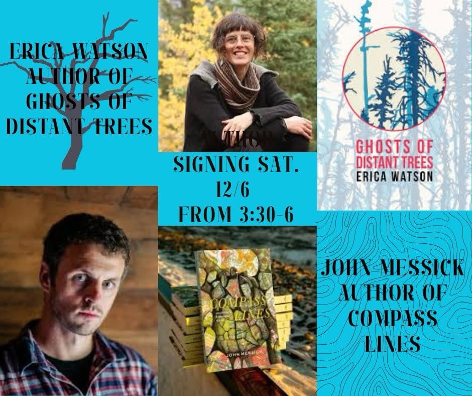 Flier in grid design, featuring my headshot and John Messick’s, and each of our books (Ghosts of Distant Trees and Compass Lines) 