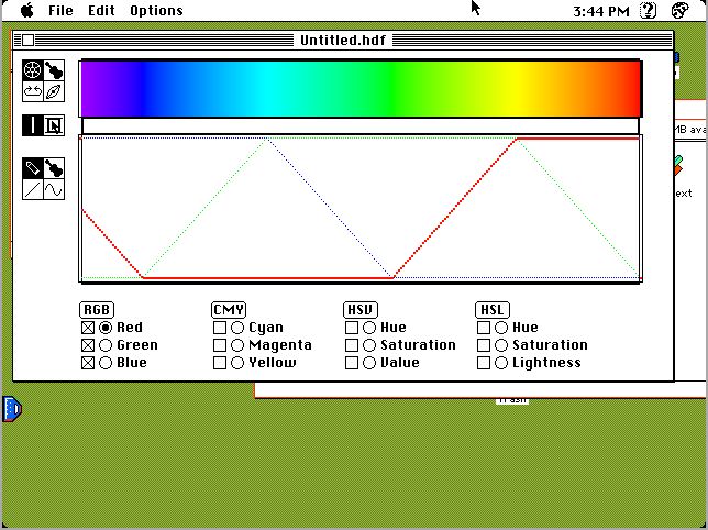 Screenshot of a Mac emulator (system 7 or so) with a rainbow colormap open for editing.