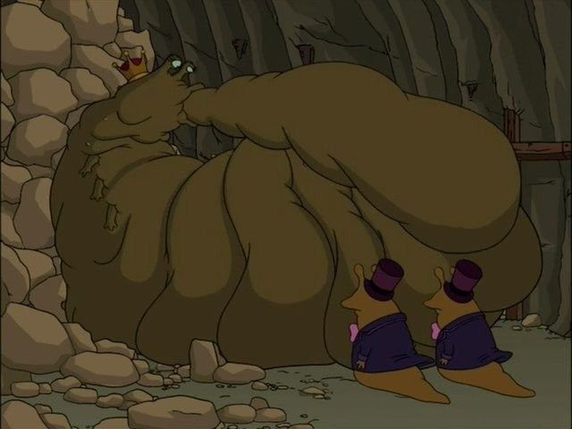 The Slurm Queen from Futurama, feeding on the Slurm output she herself generates.  It's really gross.