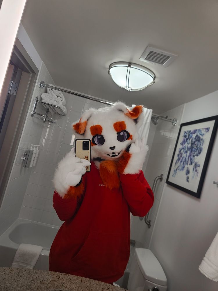 me in my bathroom with my partial fursuit on, near MFF