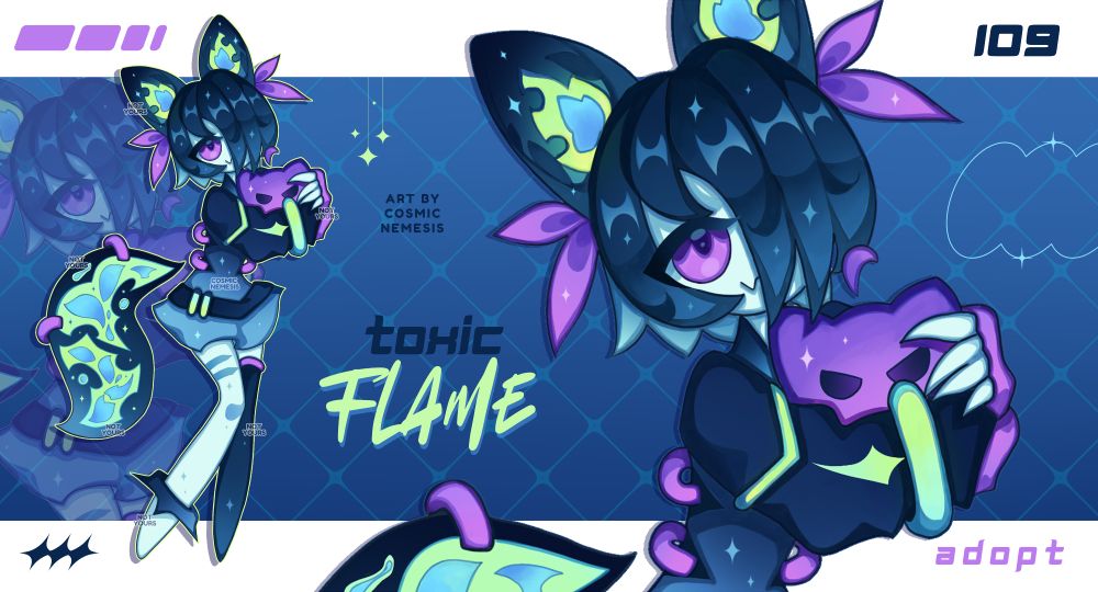 Adoptable Character Design. Futuristic creature. Greem - purple neon colors, pale skin, fluffy. Toxic Flame concept. Anthro character. Hibrid if of fox, cat and  wolf creature. Spooky.