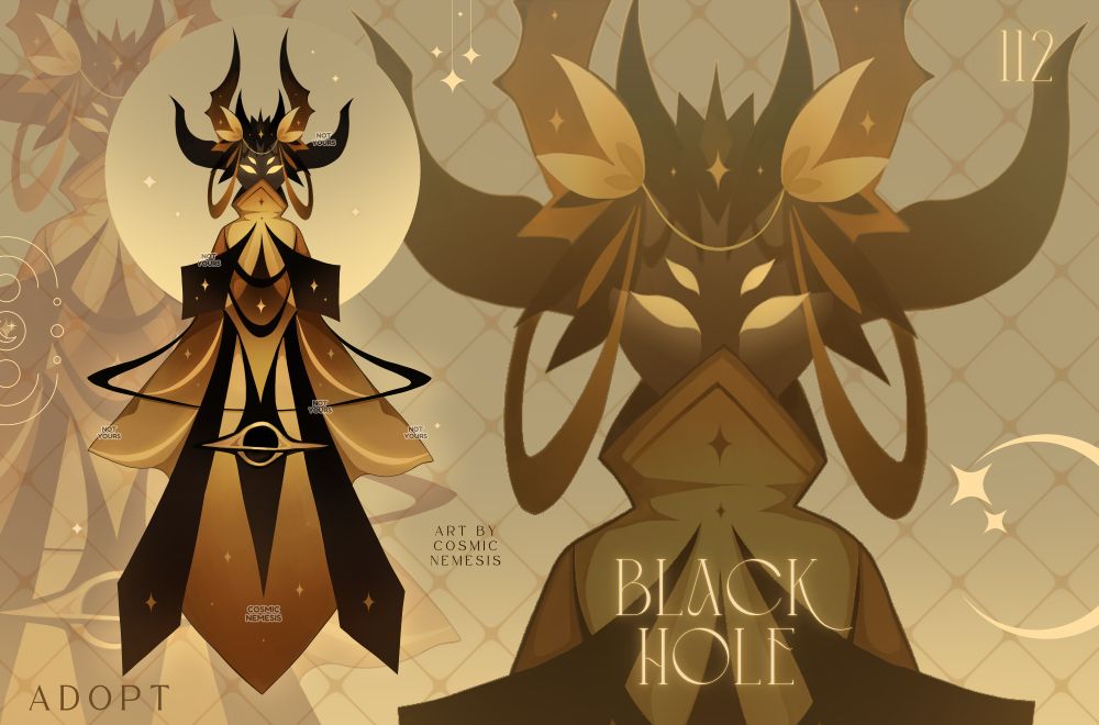 Adoptable Character Design. Fantasy creature. Dark skin, Black Hole. Deity. Supernatural creature. Yellow collpased star. Horns. 