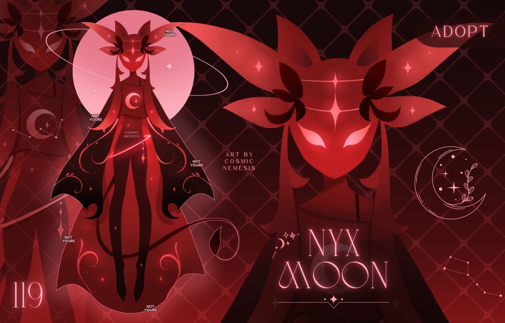 Adoptable Character Design. Fantasy creature. Redskin,  Deity. Cosmic creature. Space. Universe.  Anthro. Kitsune creature. Yoaki Creature. Humanoid. Red moon. 