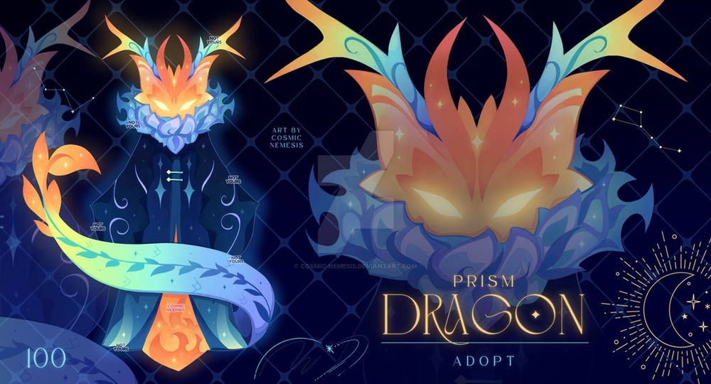 Adoptable Character Design. Space Anthro. Dragon creature, prism colors, glowy.