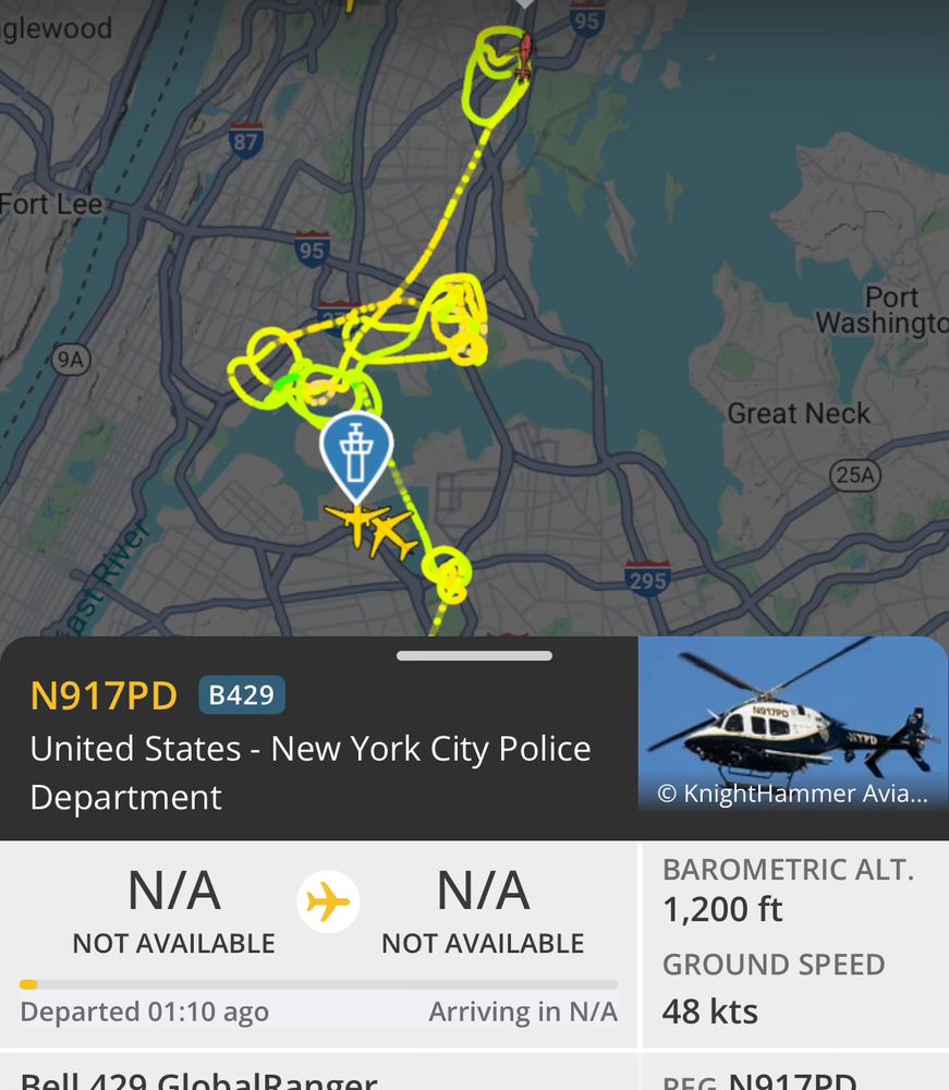 screenshot from flightradar24.com tracking the flight path of an NYPD helicopter, it is shown to be circling over several neighborhoods in the Bronx