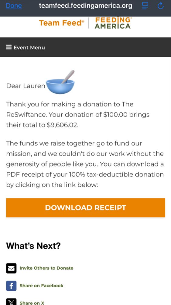 Donation receipt from Feeding America showing $100 donated 