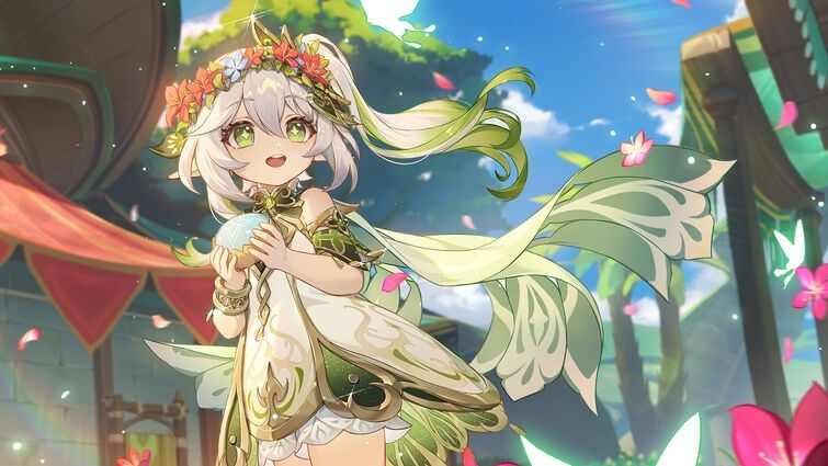 A little girl with elf ears, white hair in a white and green dress wearing a flower crown. Nahida from the game genshin Impacted.