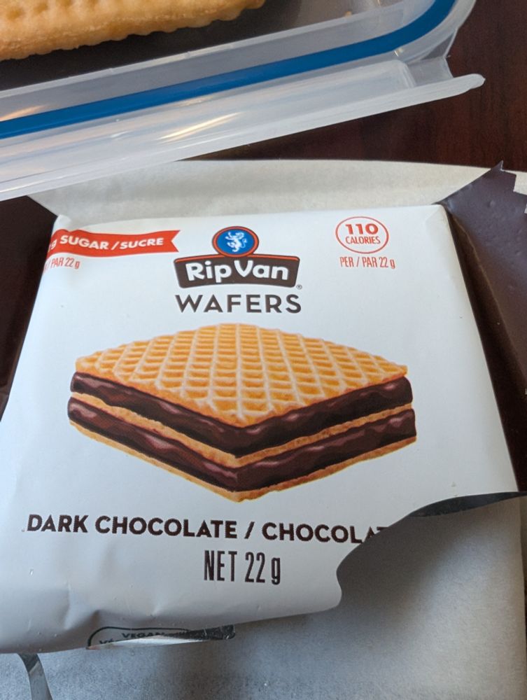 Dark chocolate wafers - company name "rip Van" wafers.