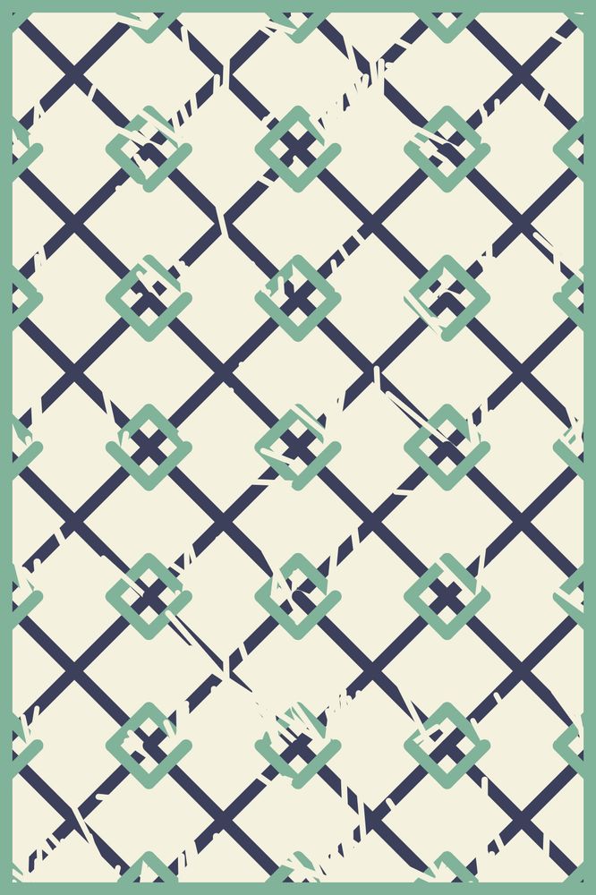 Vertical rug design made with intersecting lines forming diamond shapes, enclosed in a frame of the same color. Colors: greenish for border and small diamons, dark blue for lines, very light yellow for background