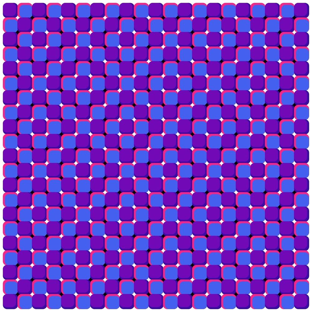 Small squares in blue and purple that seem to be moving due to the black and white background corners