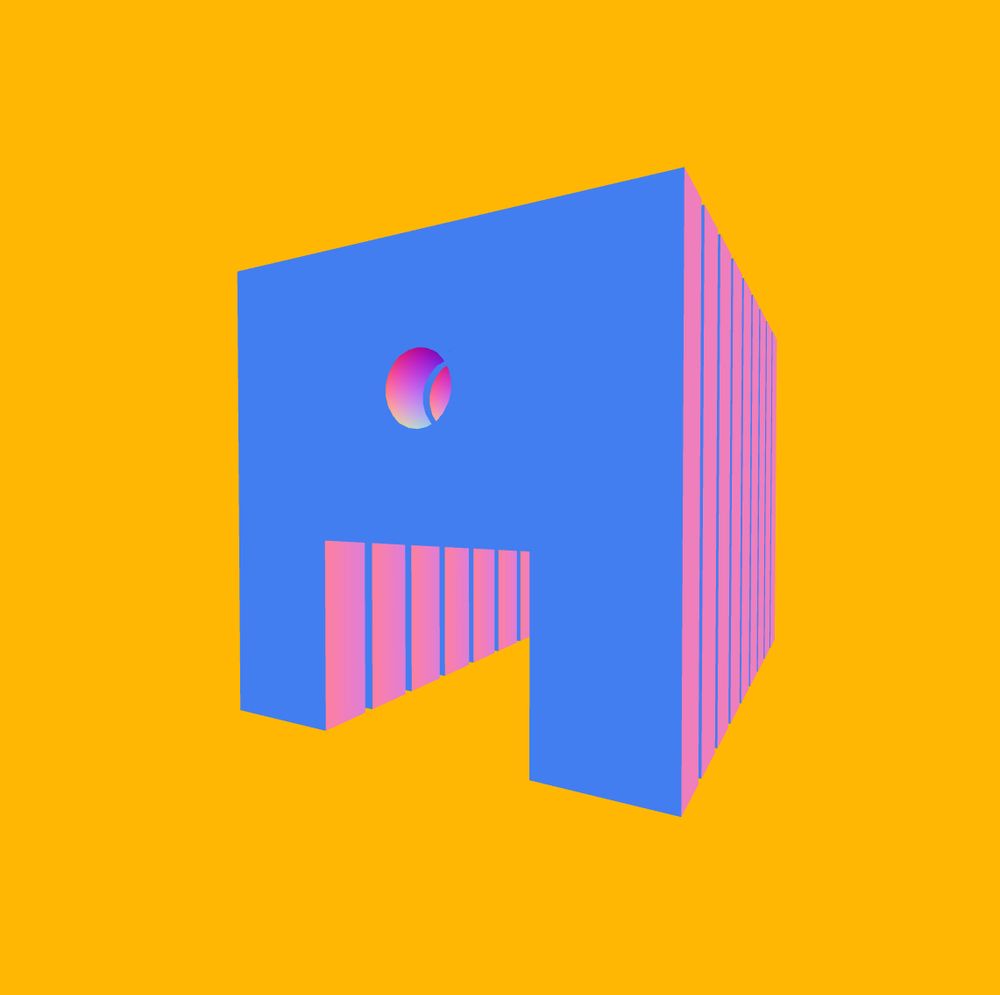 Blocks in parallel with a squared and a circled intersection, imitating a brutalist building, yellow background