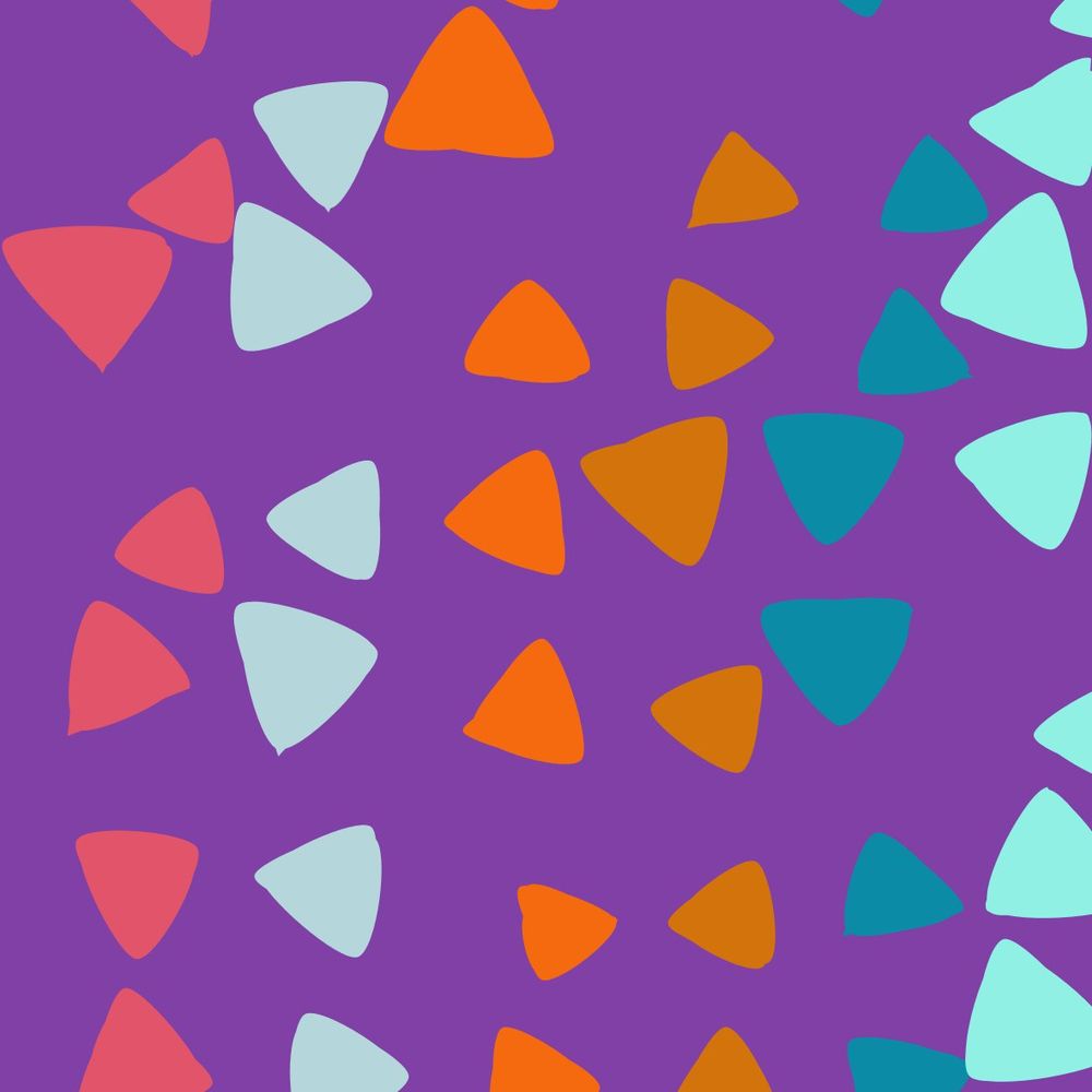 Handrawn-like triangles of different colors and sizes, smooth shapes, over a purple background 