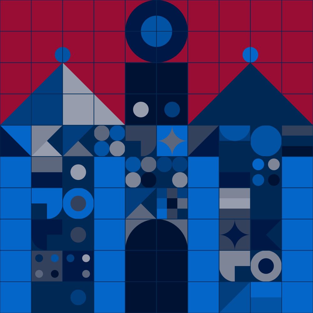 Castle made of geometric shapes in dark colors